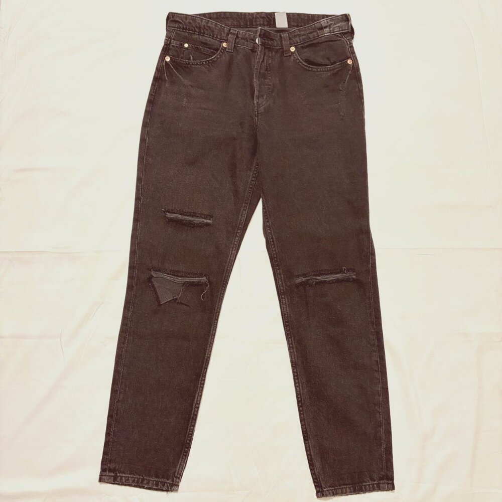 Black Boyfriend Jeans, Low Waist, With Knee Slits, H&M, 100% Cotton, Size EUR 36
